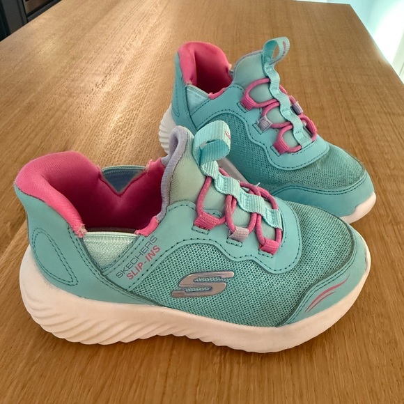Skechers Toddler Girls Teal and Pink Slip-Ins Size 8 - Picture 1 of 6